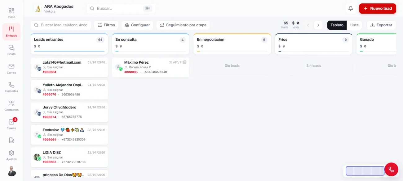 Embudo de ventas del CRM en vista de tablero, con sus etapas