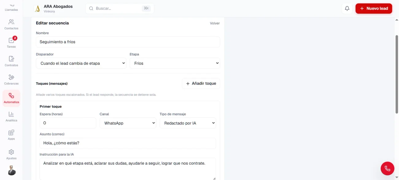 Editor de una secuencia de seguimiento automático por etapa